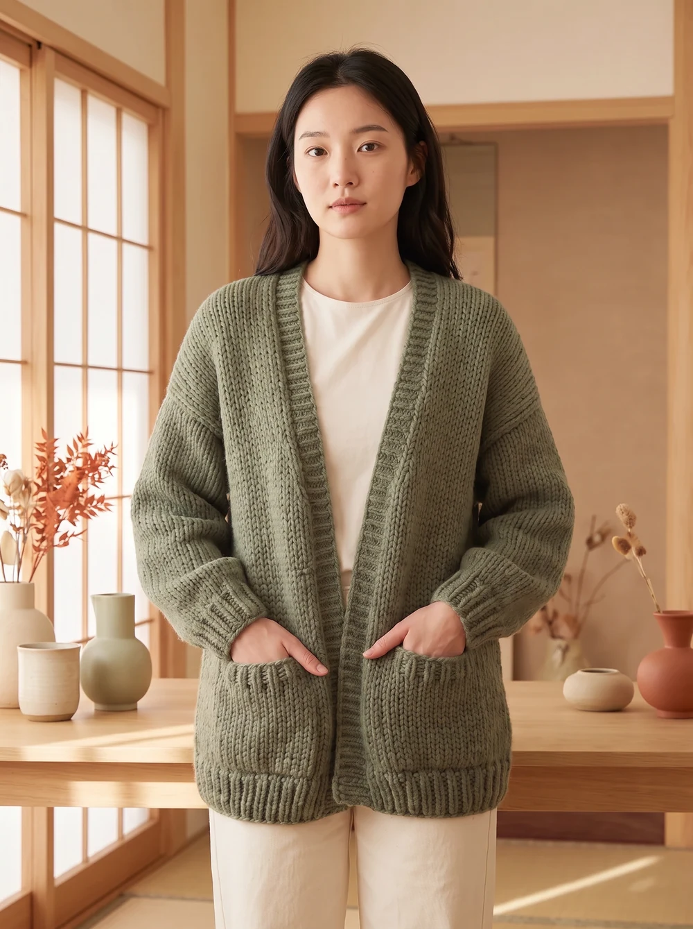 포켓이 있는 초록색 가디건